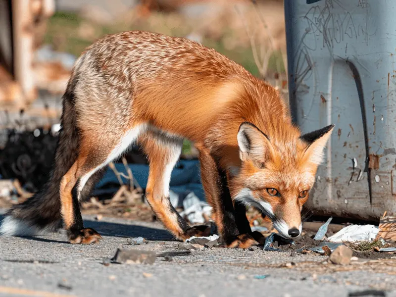 Raposa comendo comidas em ambientes urbanos