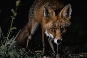 Imagem de uma raposa na noite com seus hábitos noturnos