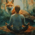 Uma pessoa meditando com uma raposa de fundo