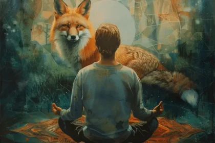 Uma pessoa meditando com uma raposa de fundo