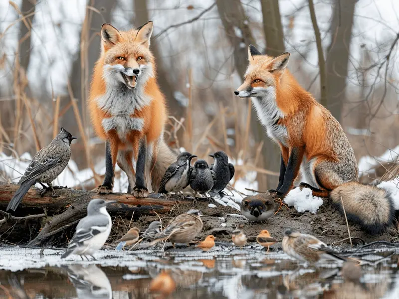 Imagem de duas raposas vermelhas com outros animais