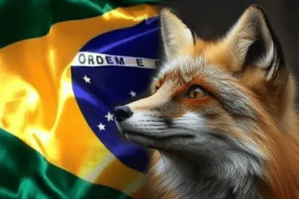 Montagem de uma raposa e uma bandeira do brasil