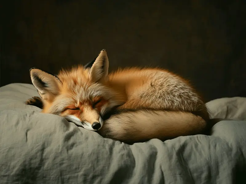 Raposa de estimação dormindo em uma cama